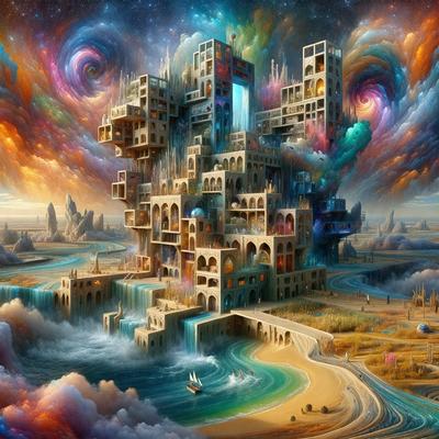 The primary subject of the image is a large, colorful building with many levels and a unique design. The building is situated in a lush, green landscape, which adds to the overall atmosphere of the scene. The visual style of the image is a combination of digital art and illustration, creating a vibrant and imaginative scene. The colors and mood of the image are lively and energetic, with a sense of wonder and creativity.